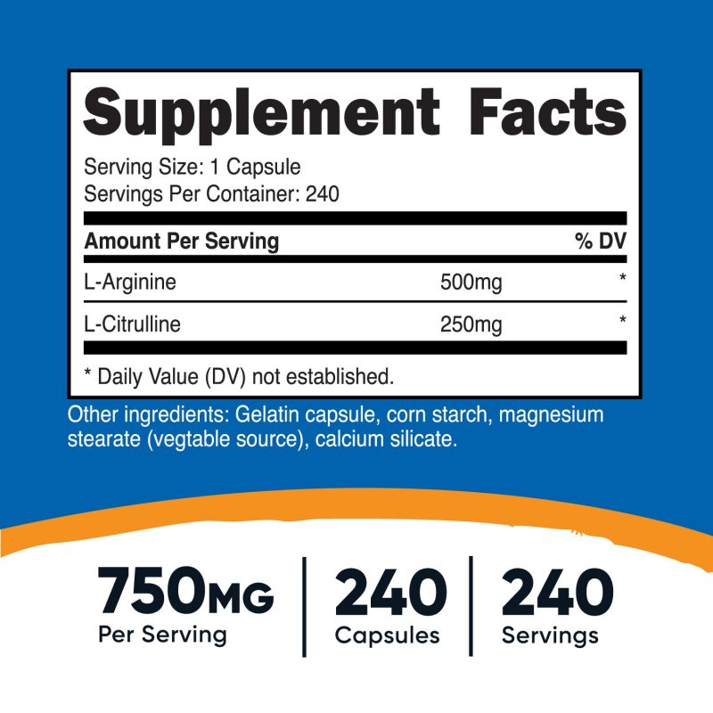 AMZ L Arginine L Citrulline 750MG 240CAP SuppFacts