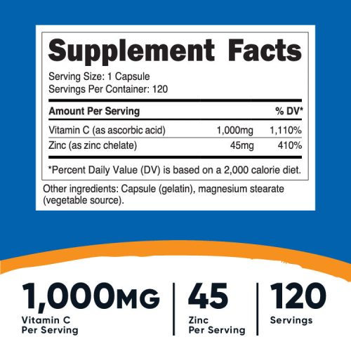 AZN Vitamin C Zinc Capsules 120CAP 1045MG SuppFacts